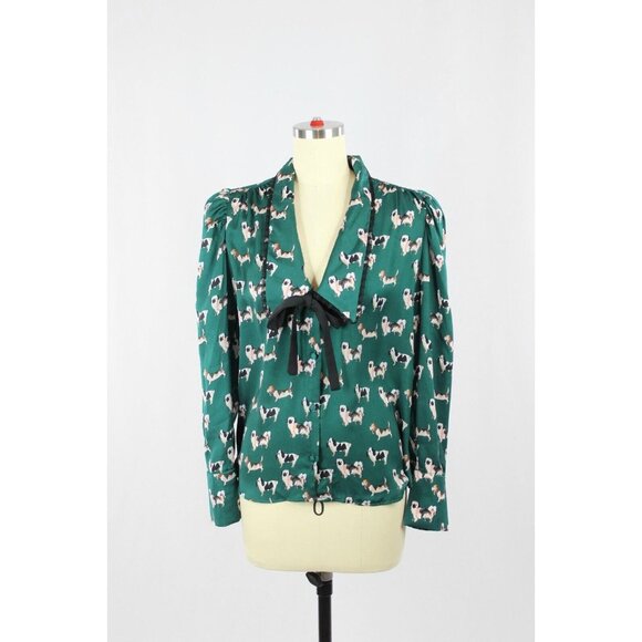 ZARA Green Dog Print Satin Oversized Collared V-Neck Tie Blouse, Size S - Picture 1 of 14